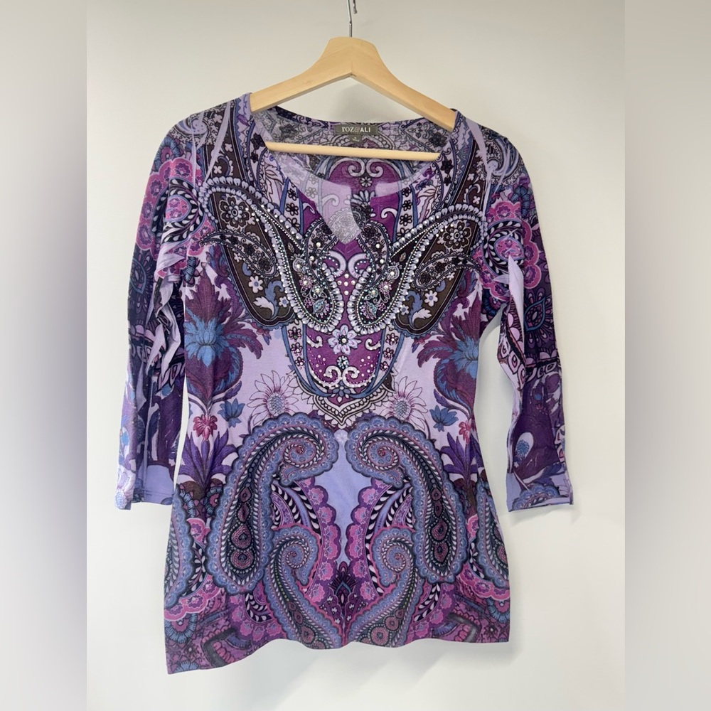VTG Y2K Top Purple Paisley Rhinestone S 3/4 Sleeve S Artsy Boho Festival hippie